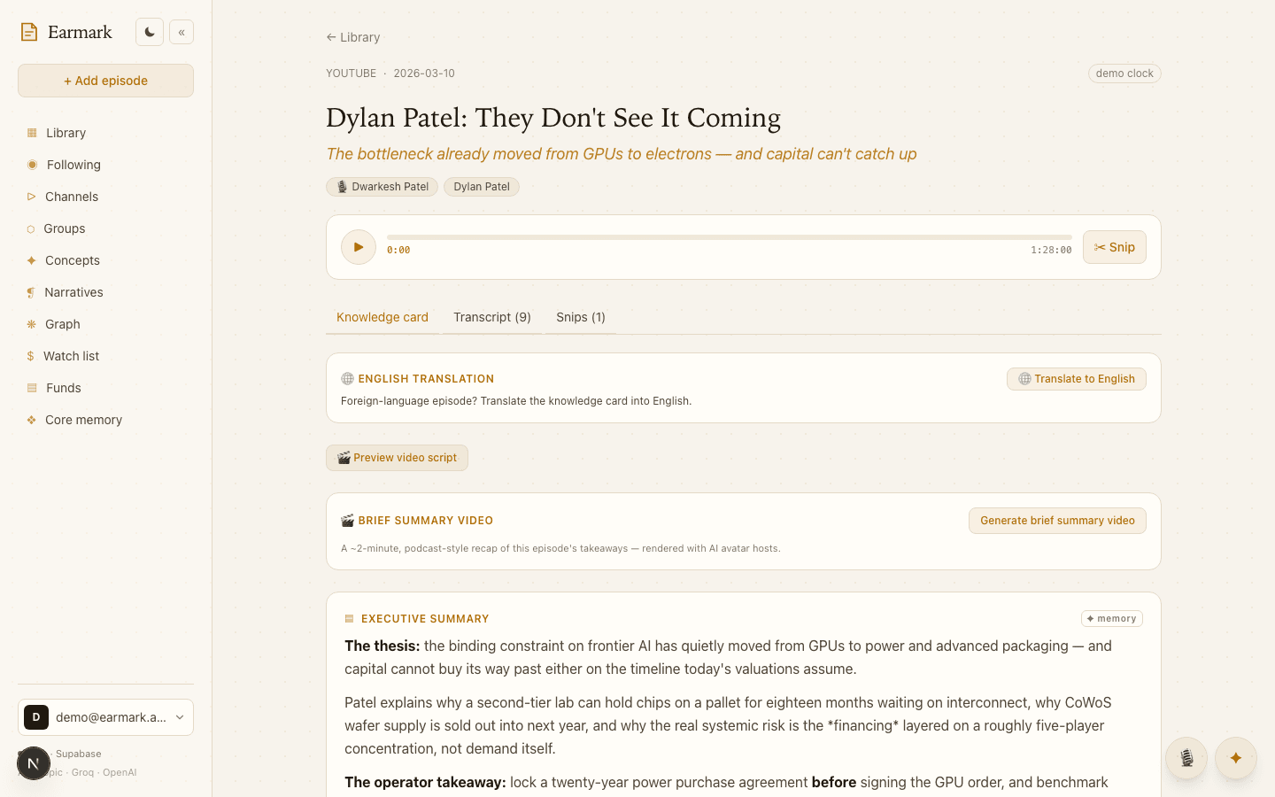 Knowledge cards — Every minute, dissected and timestamped