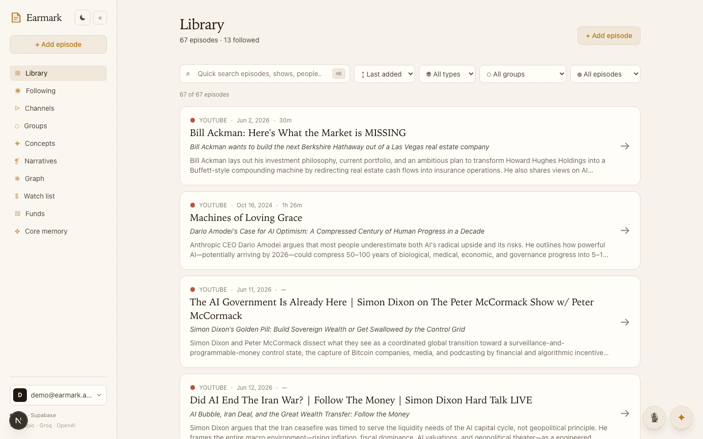 The Earmark library — a feed of ingested episodes, each with its own timestamped knowledge card
